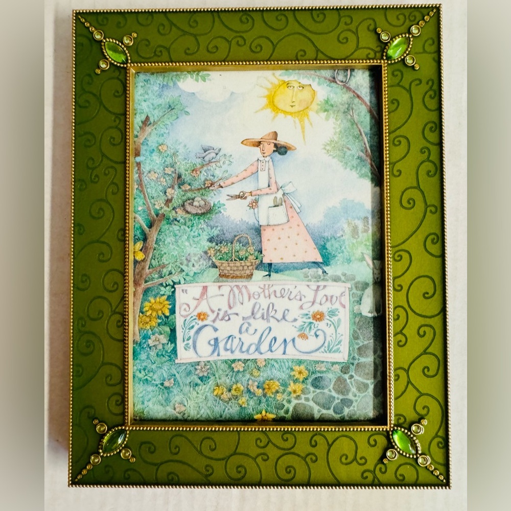 Vintage Ashleigh Manor- Bejeweled enamel frame in green and gold with print.